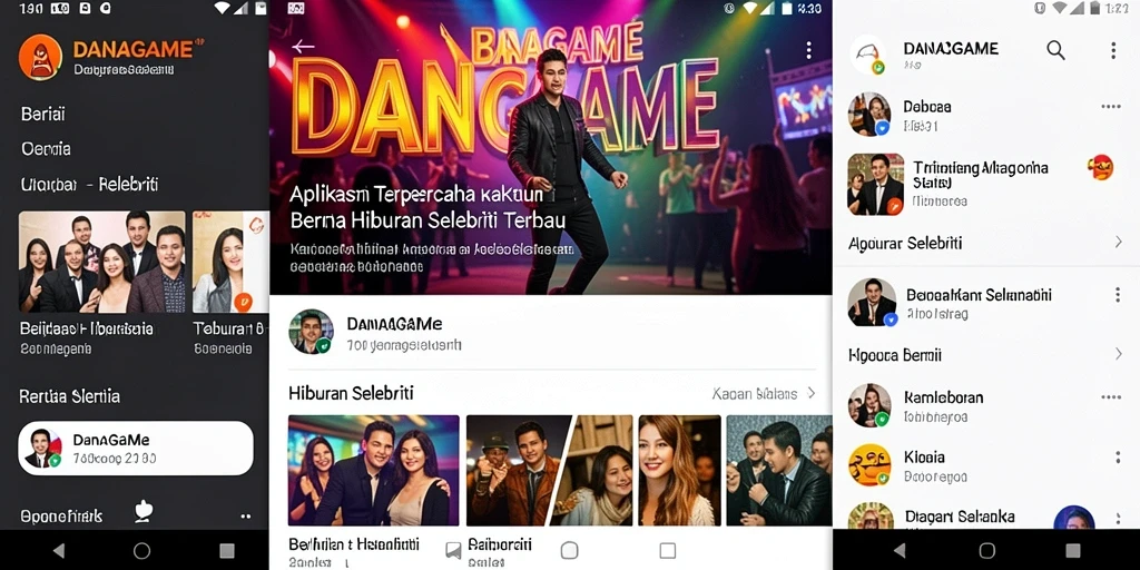 Antarmuka aplikasi DANAGAME menampilkan berita hiburan selebriti yang menarik.